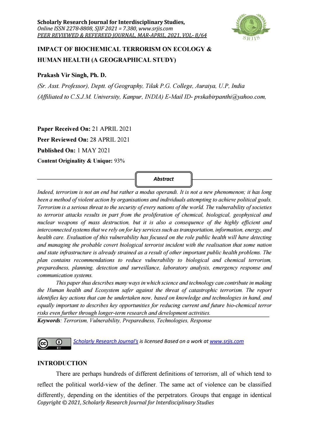 IMPACT OF BIOCHEMICAL TERRORISM ON ECOLOGY & HUMAN HEALTH (A GEOGRAPHICAL STUDY) by Scholarly