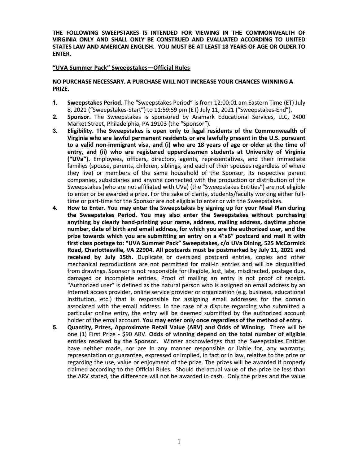 UVA Summer Prize Pack Official Rules by uvadining1 Issuu