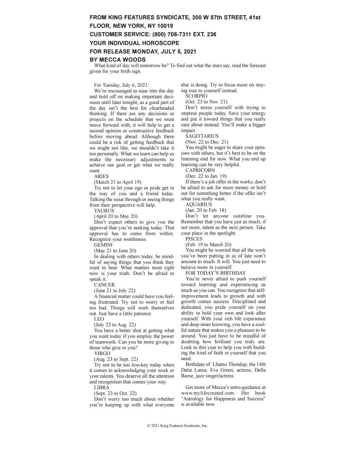 Horoscope Column Column: Your Individual Horoscope by King-Features - Issuu