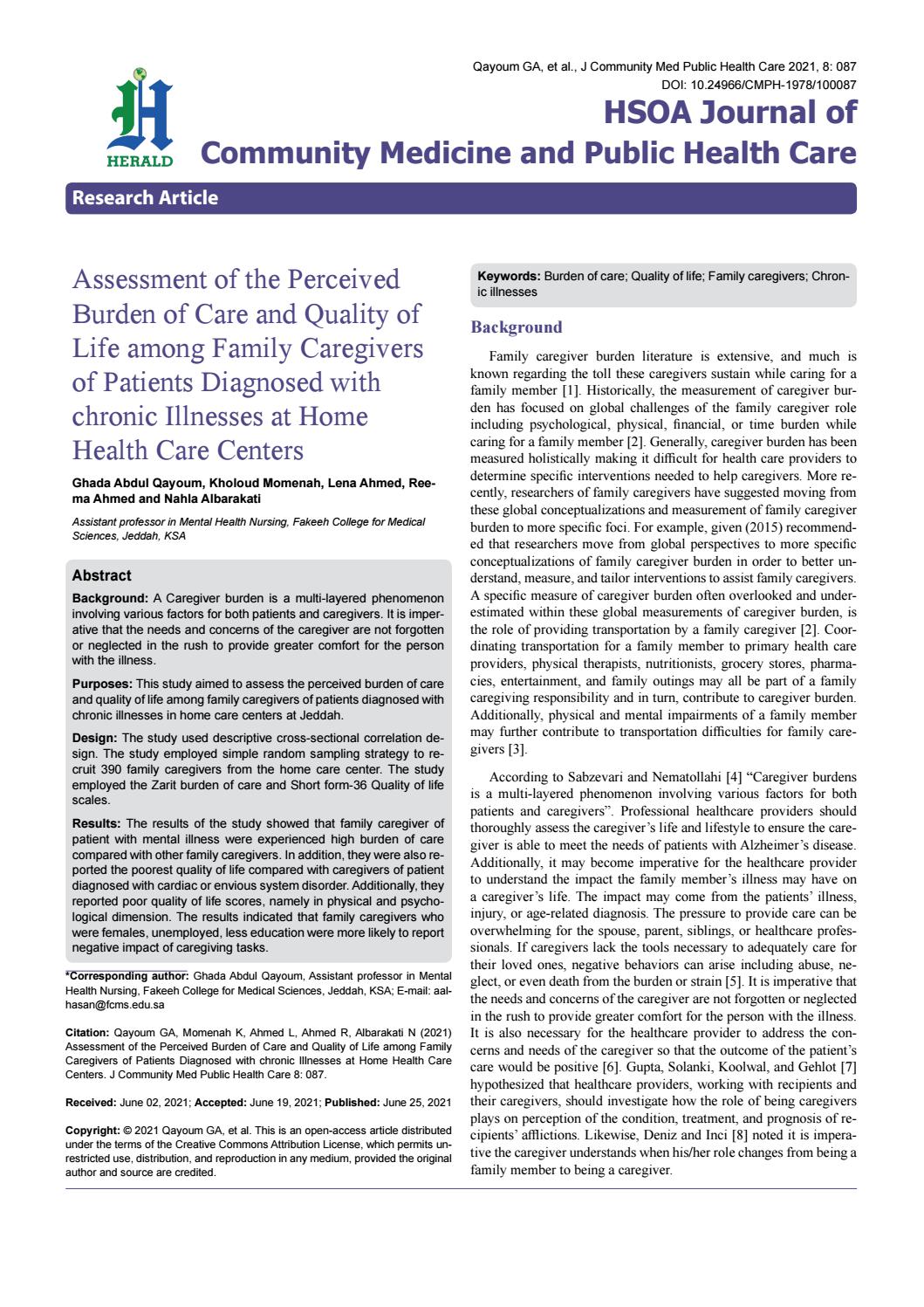 Assessment of the Perceived Burden of Care and Quality of Life among ...