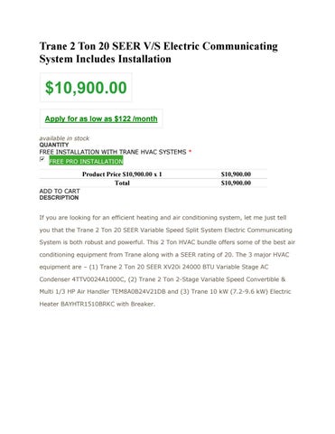 Trane 2 Ton 20 SEER V/S Electric Communicating System Includes