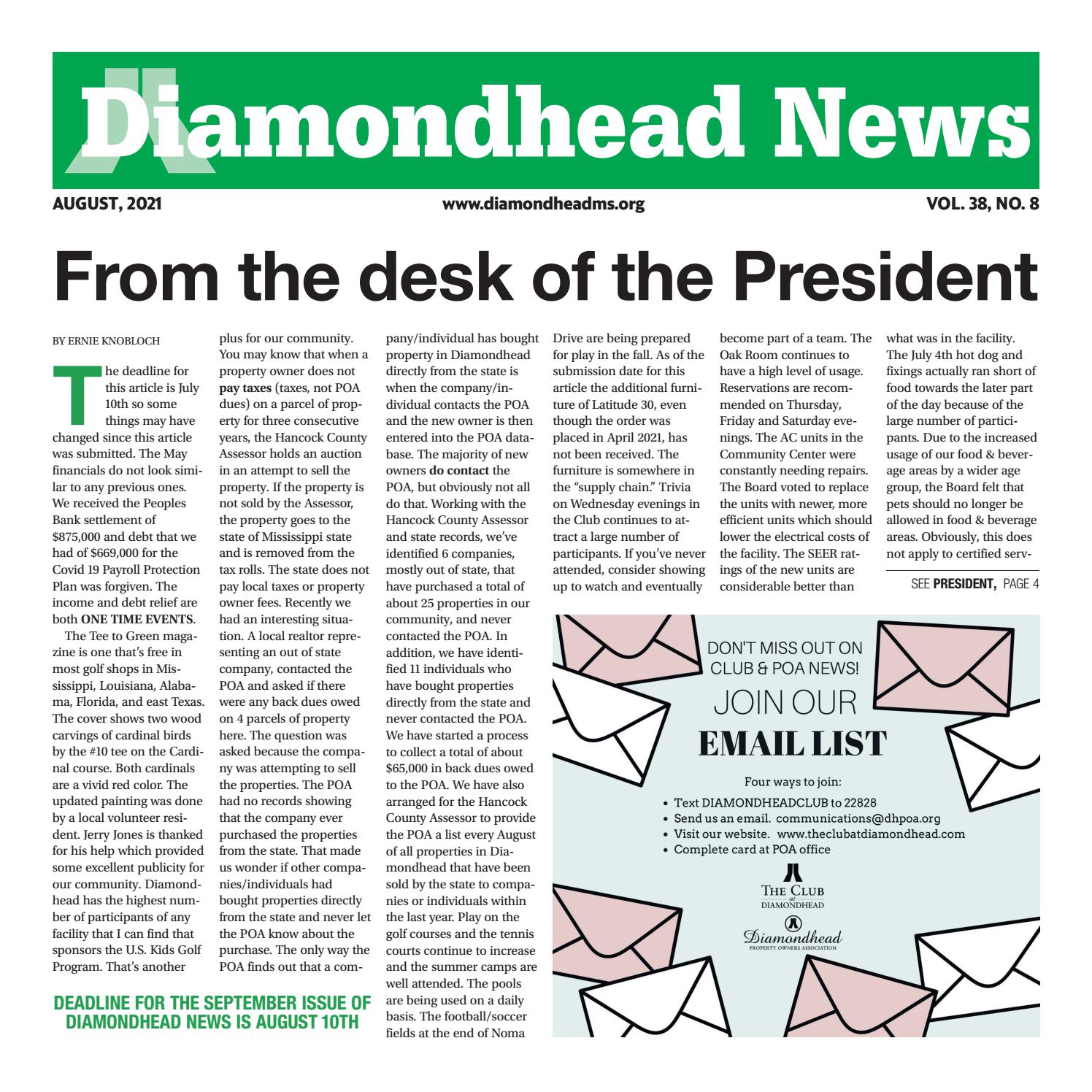 August, 2021 Diamondhead News by The Club at Diamondhead & Diamondhead  Property Owners Association - Issuu