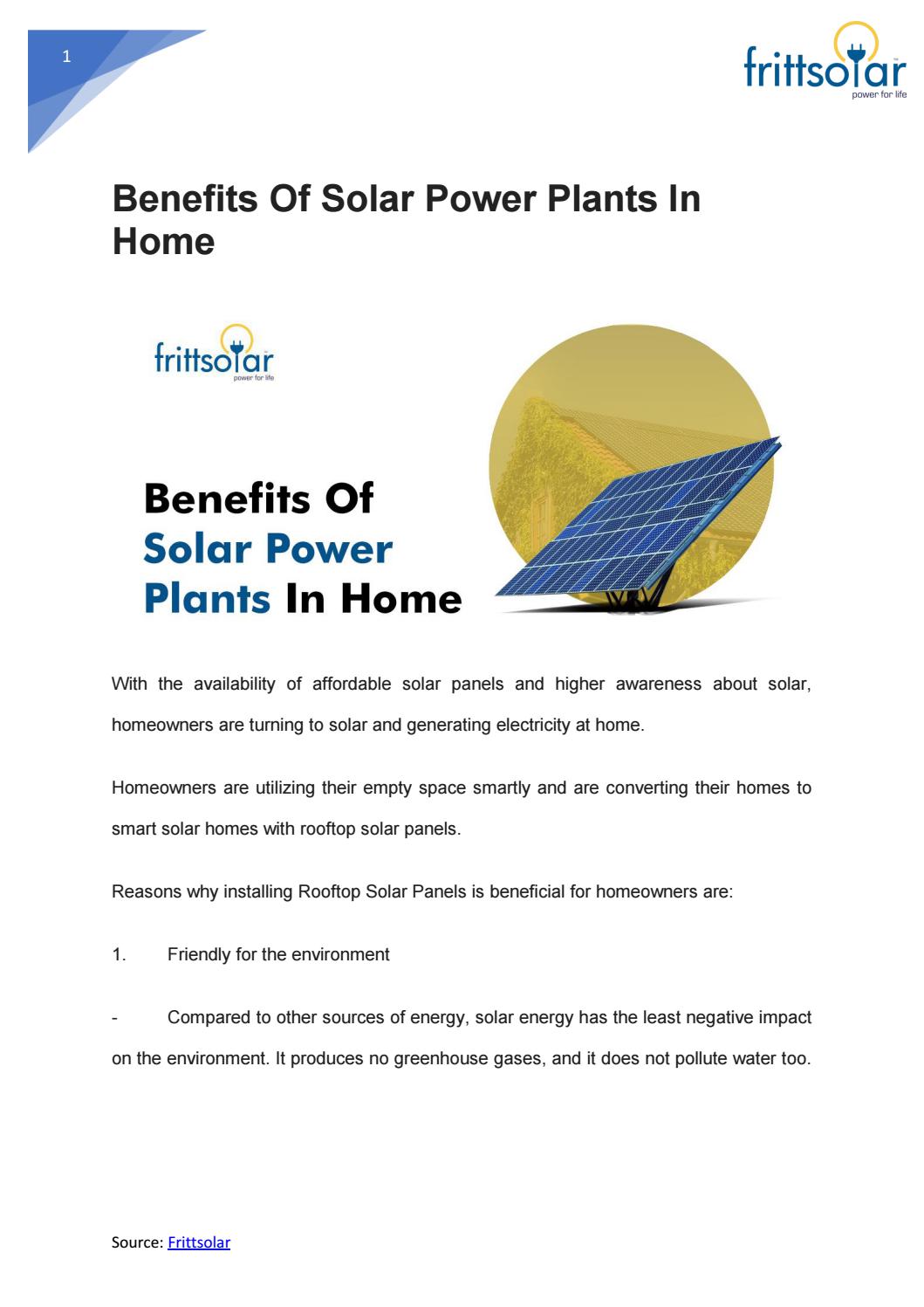 Benefits Of Solar Power Plants In Home Frittsolar By Frittsolar Issuu