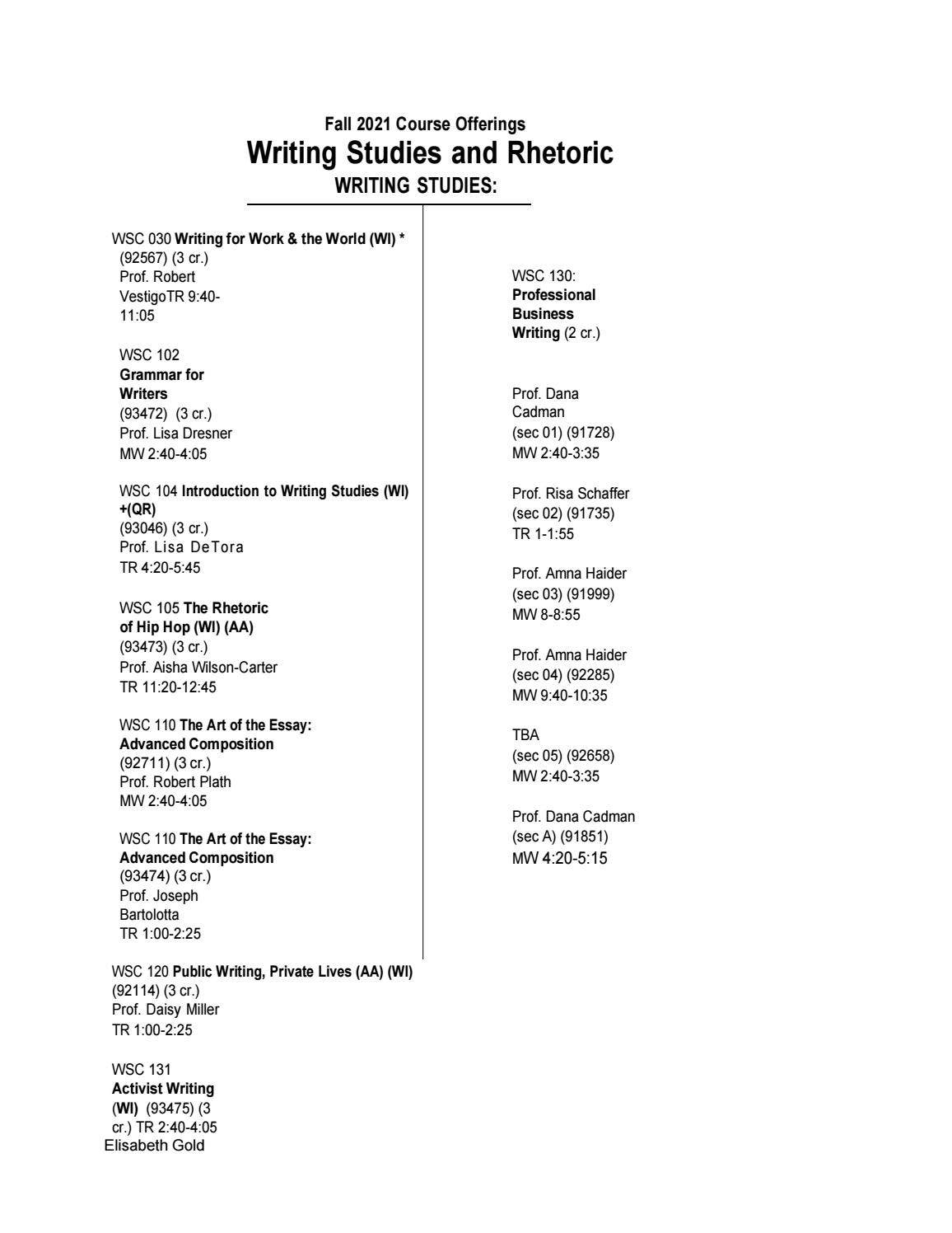 Writing Studies & Rhetoric Fall 2021/Spring 2022 Course Offerings by