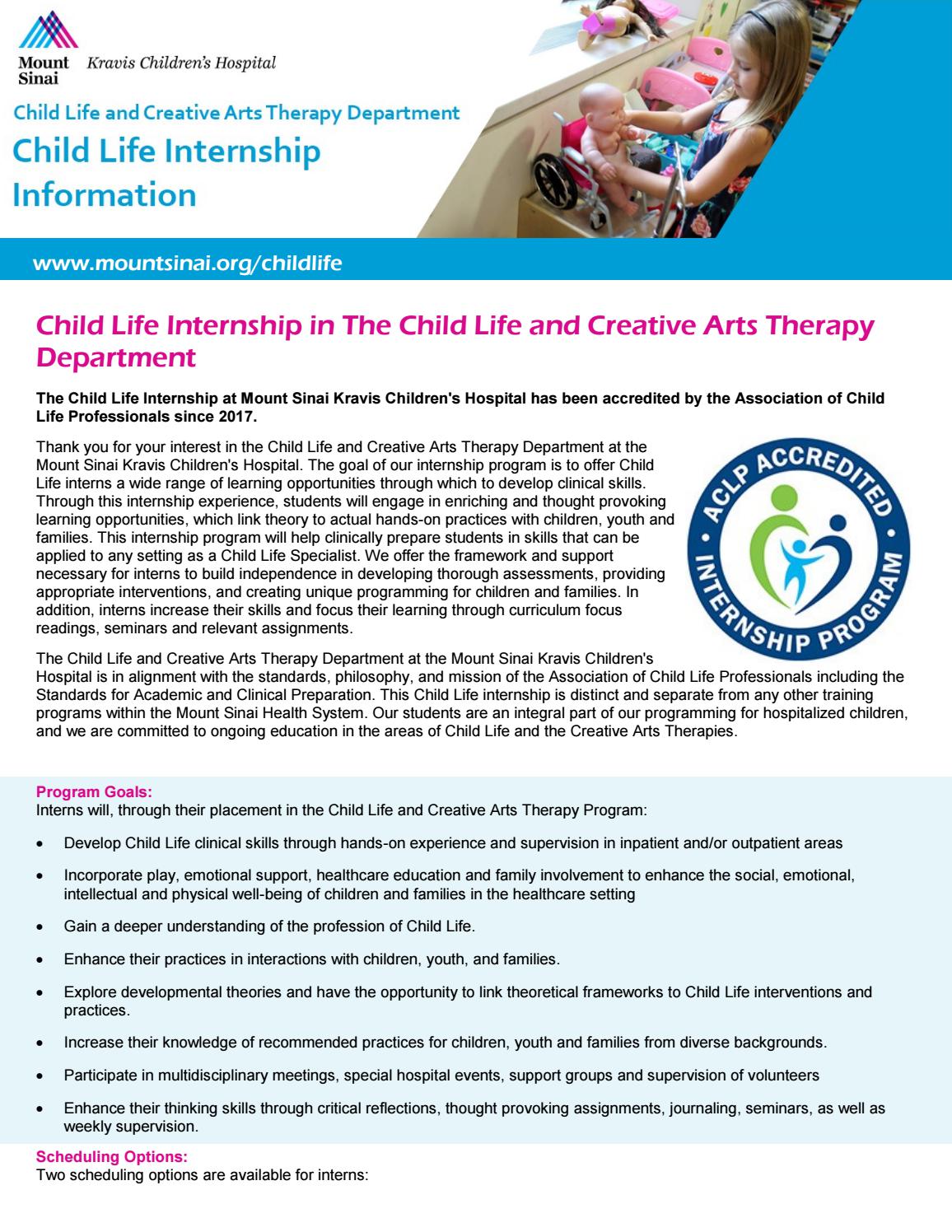 Child Life Internship Information by Child Life and Creative Arts