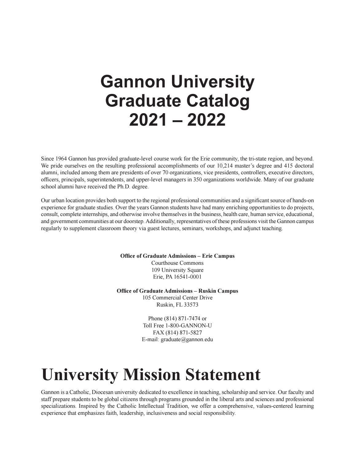 Gannon University Undergraduate Catalog 20212022 by Gannon University