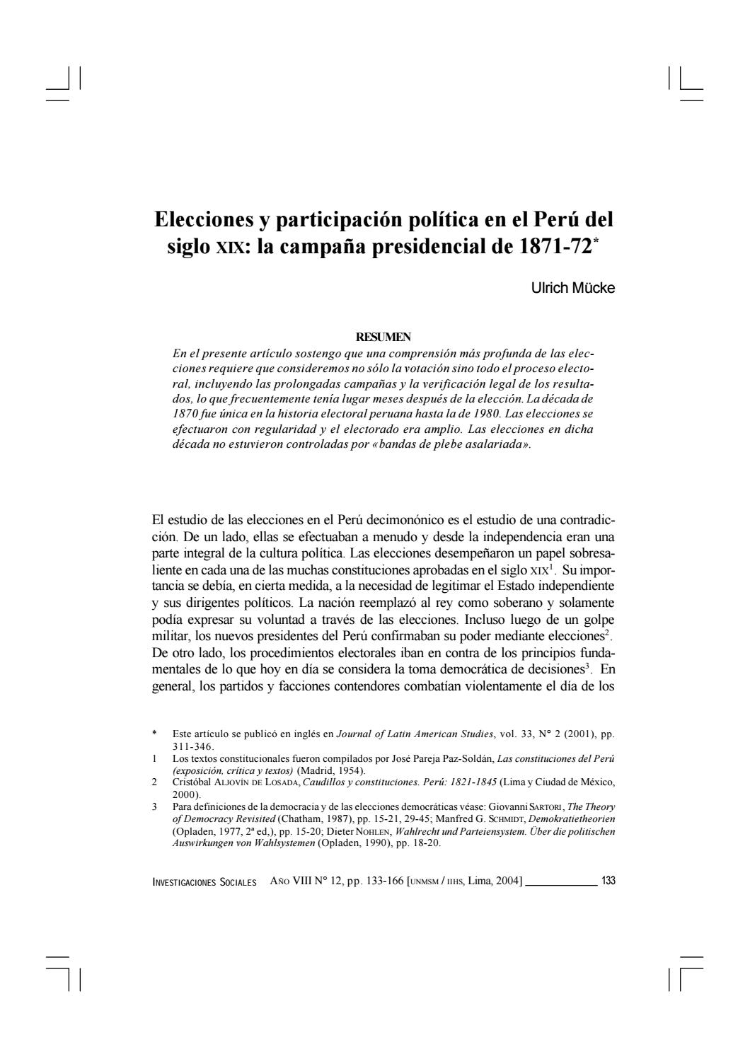 ELECCIONES Y PARTICIPACION POLITICA EN EL PERU DEL SIGLO XIX (18711872