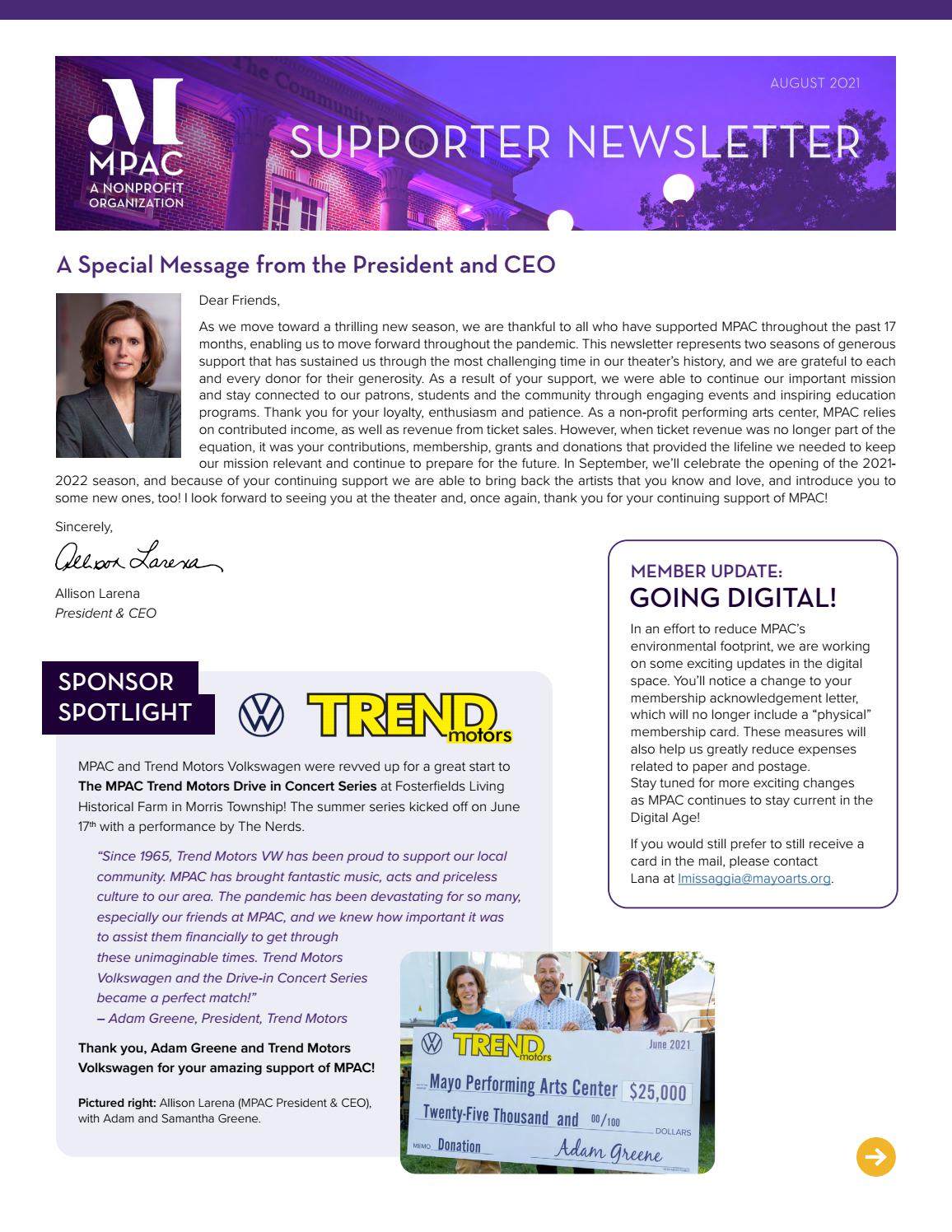 August 2021 Supporter Newsletter by Mayo Performing Arts Center - Issuu