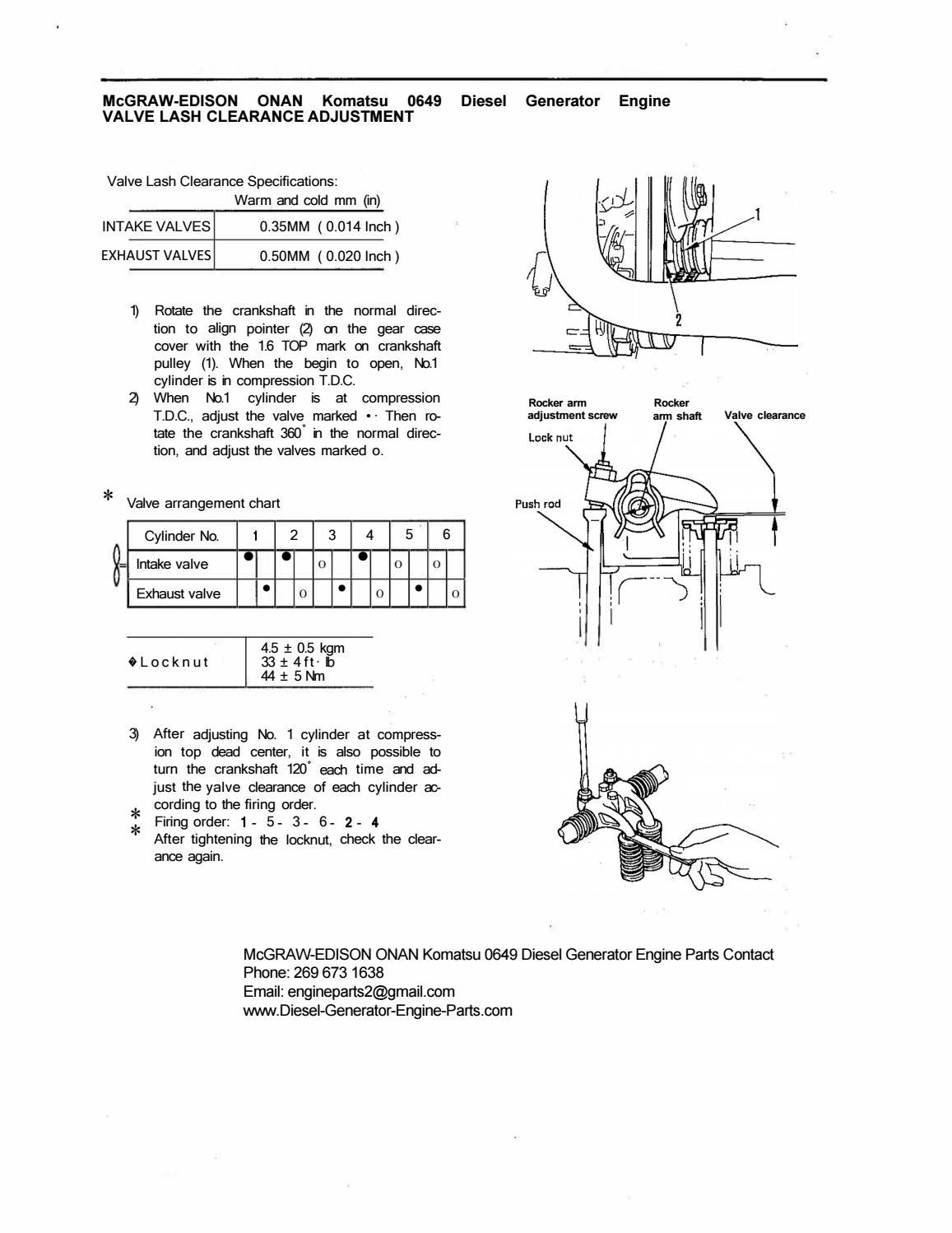 ONAN Komatsu 0649 Diesel Generator Engine VALVE LASH CLEARANCE