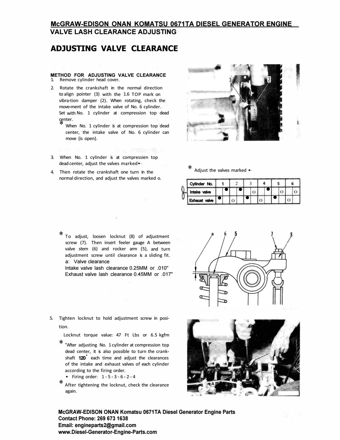 ONAN Komatsu 0671T Diesel Generator Engine VALVE LASH CLEARANCE ...