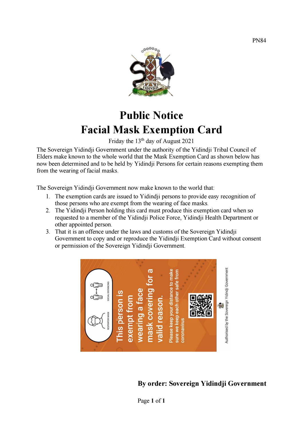 PN 84 Facial Mask Exemption Card by Sovereign ©Yidindji™ Government Issuu