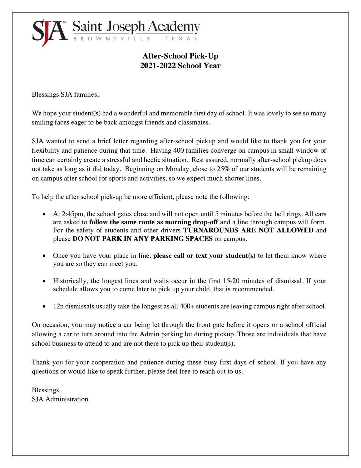 Early Pick Up Note Example After School Pick-Up Letter by St. Joseph Academy - Issuu