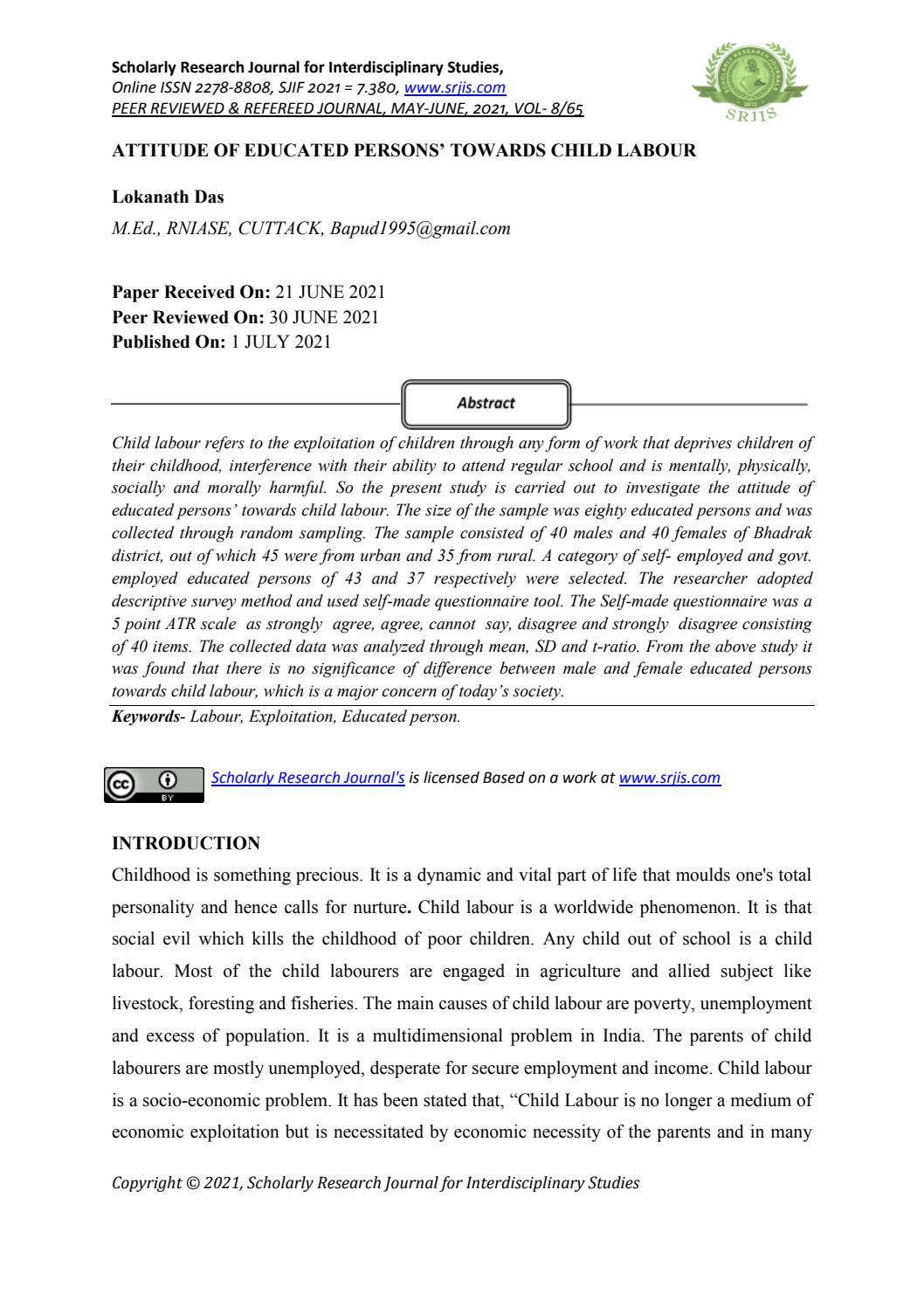 ATTITUDE OF EDUCATED PERSONS’ TOWARDS CHILD LABOUR by Scholarly ...
