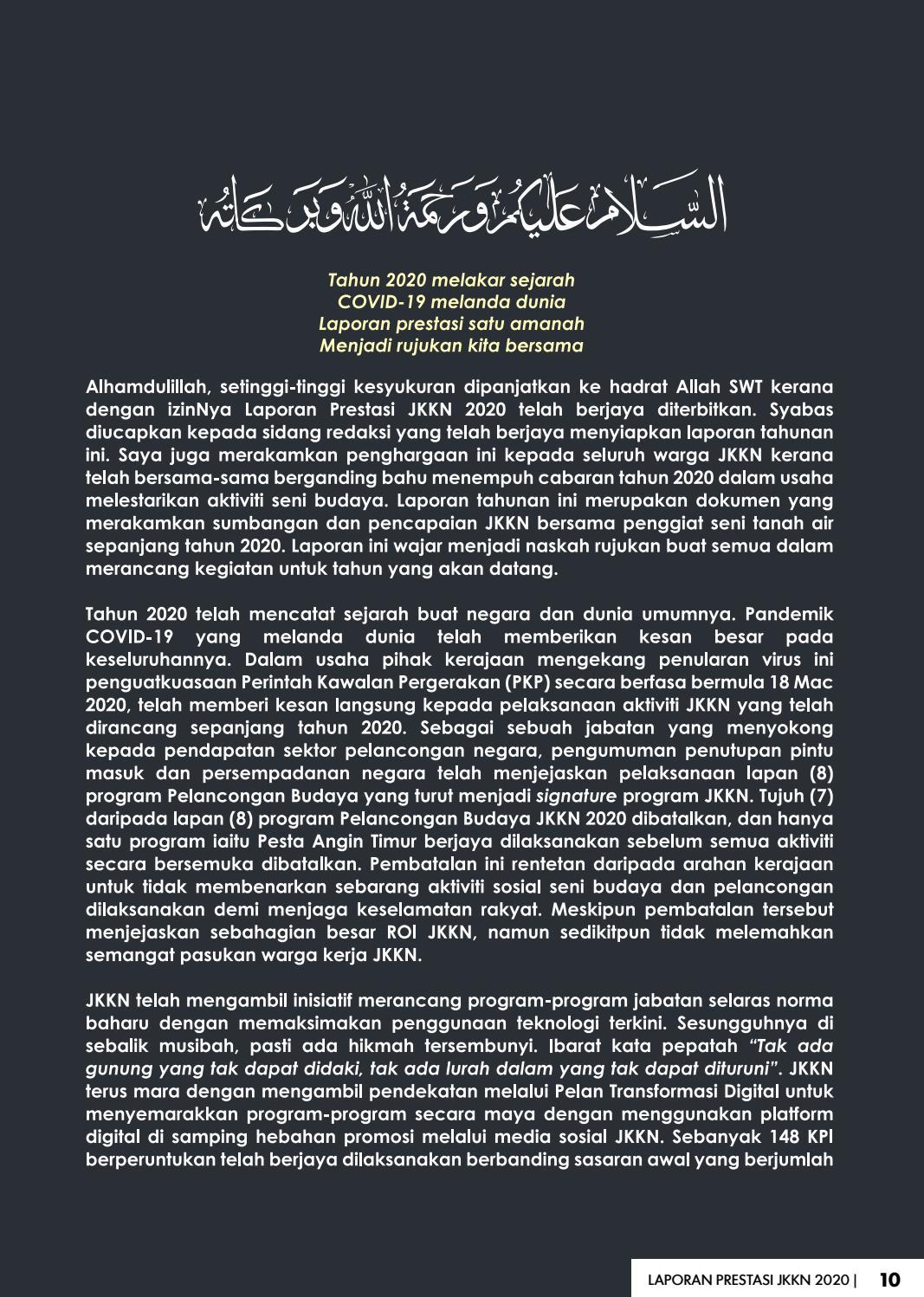 LAPORAN PRESTASI JKKN 2020  PERCUMA by Jabatan Kebudayaan dan Kesenian