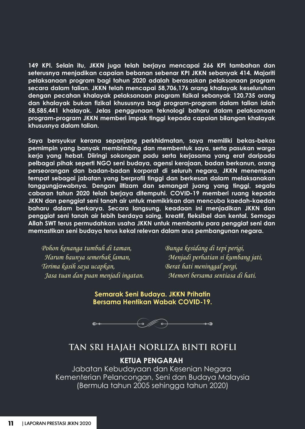 LAPORAN PRESTASI JKKN 2020  PERCUMA by Jabatan Kebudayaan dan Kesenian