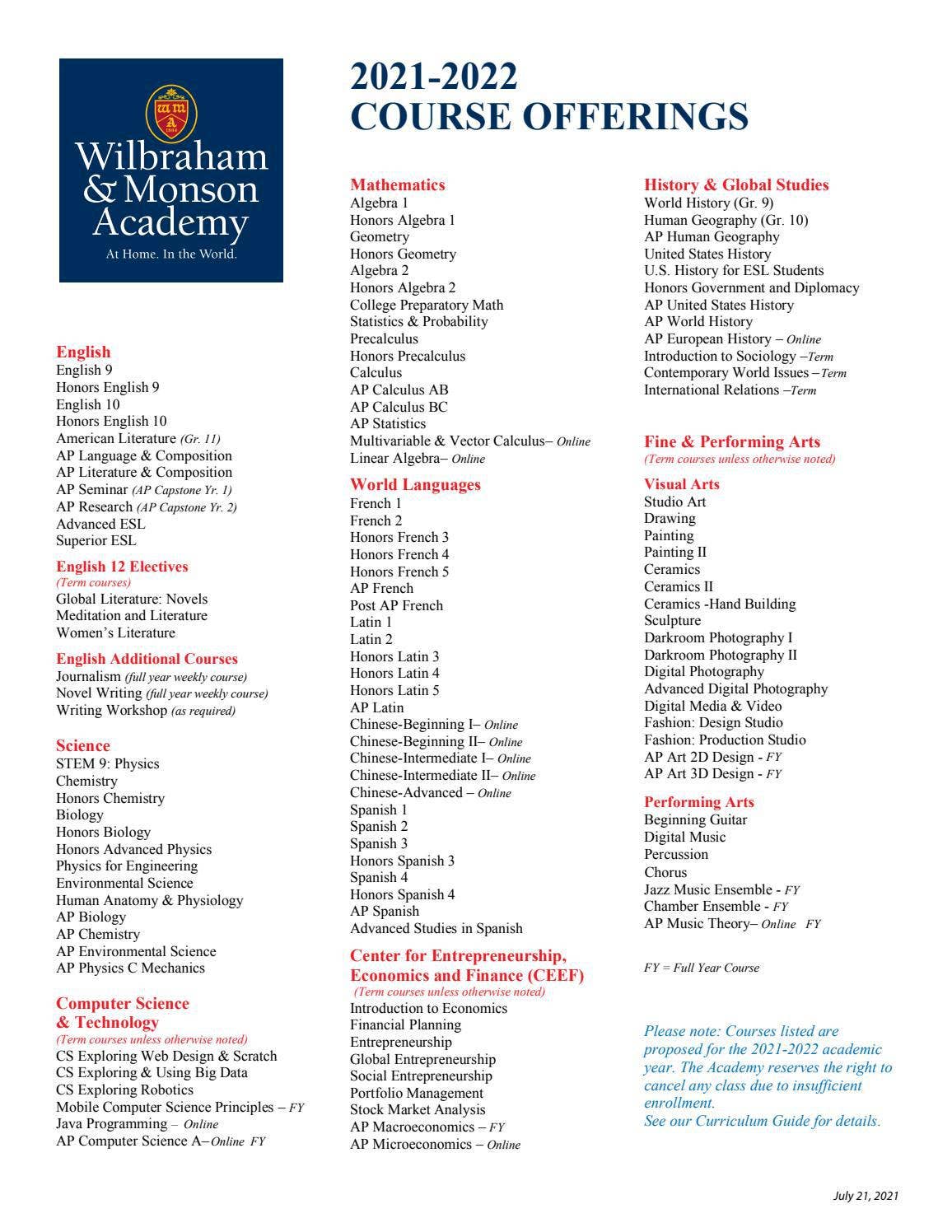 Upper School Course Offerings 2021-2022 by Wilbraham & Monson Academy ...