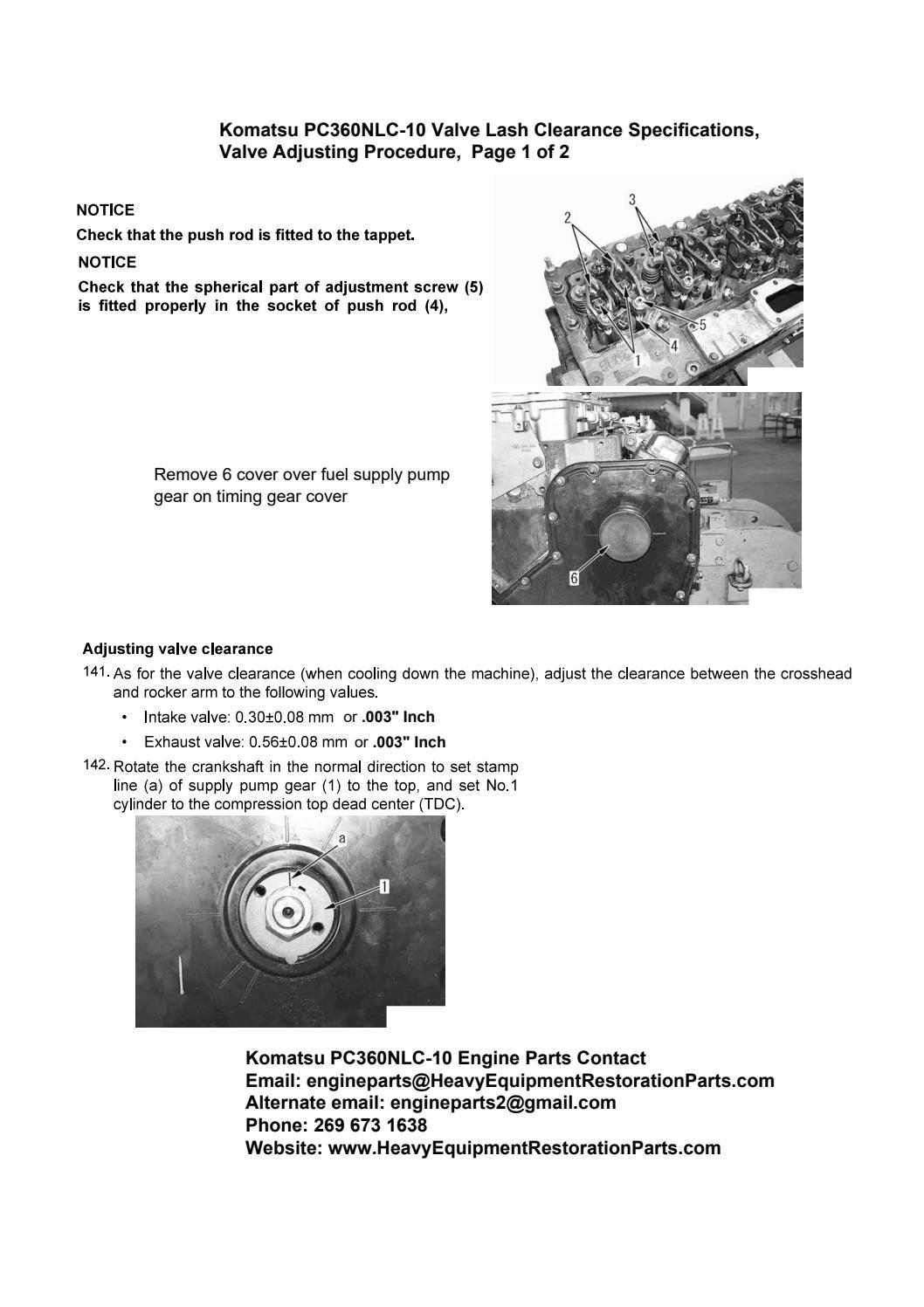 Komatsu PC360NLC10 Valve Lash Clearance Specifications , Valve