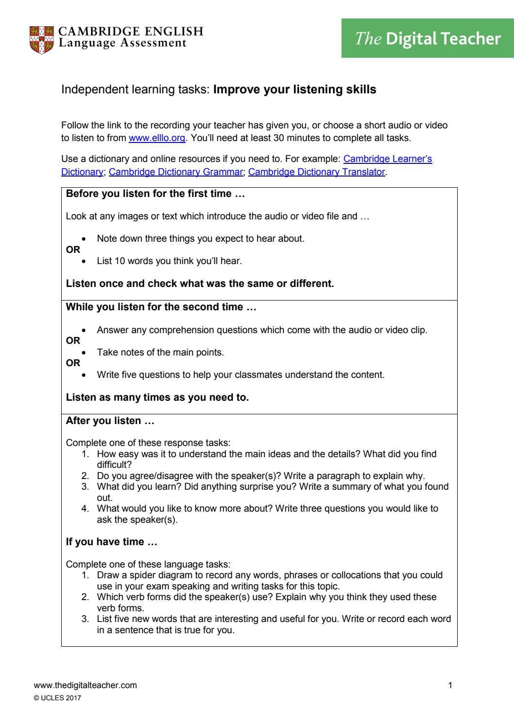 Independent learning tasks Improve your listening skills by Cambridge