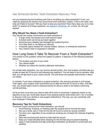 Ask Temecula Dentist Tooth Extraction Recovery Time by Issuu