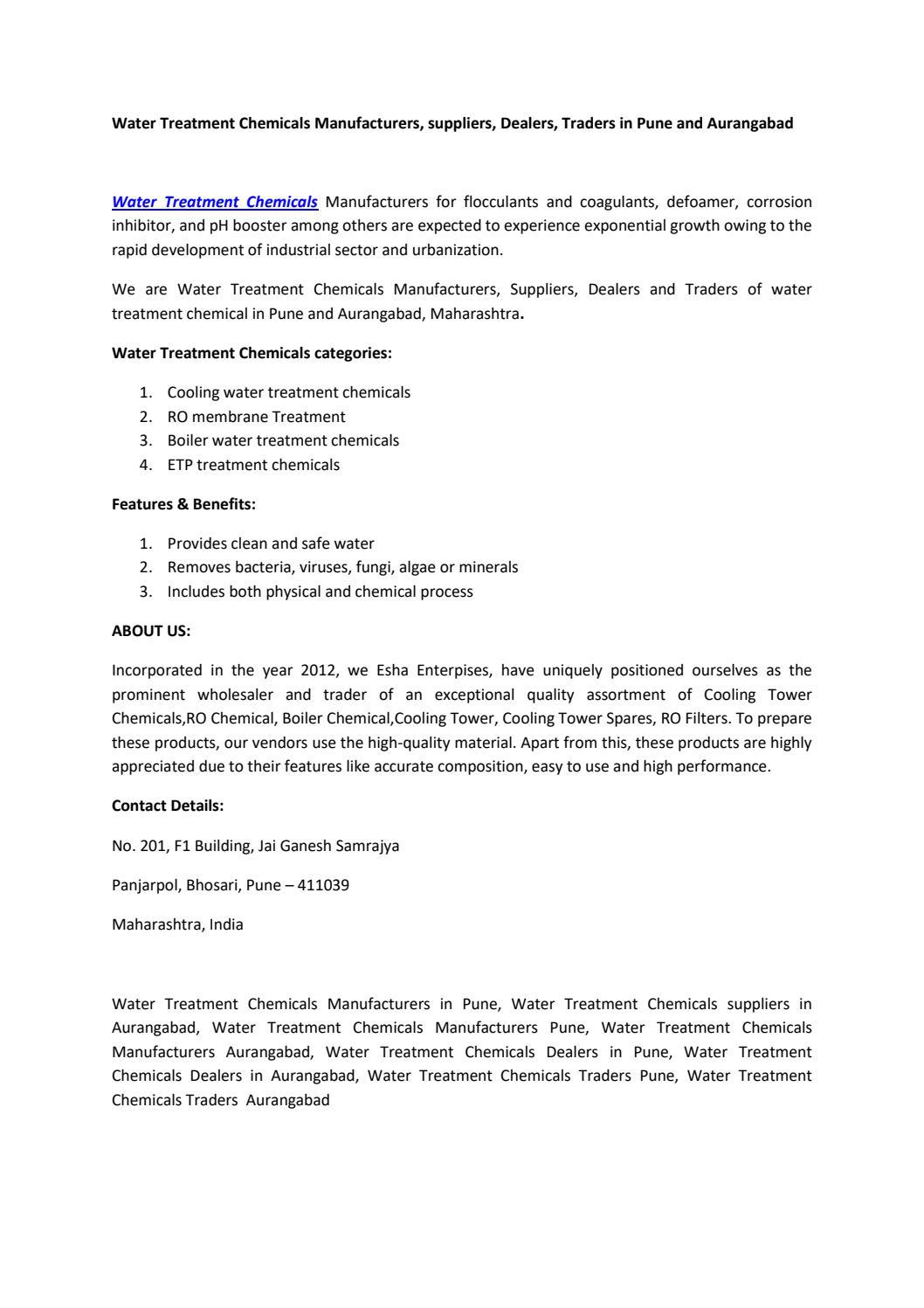 Water Treatment Chemicals Manufacturers, suppliers, Dealers, Traders in
