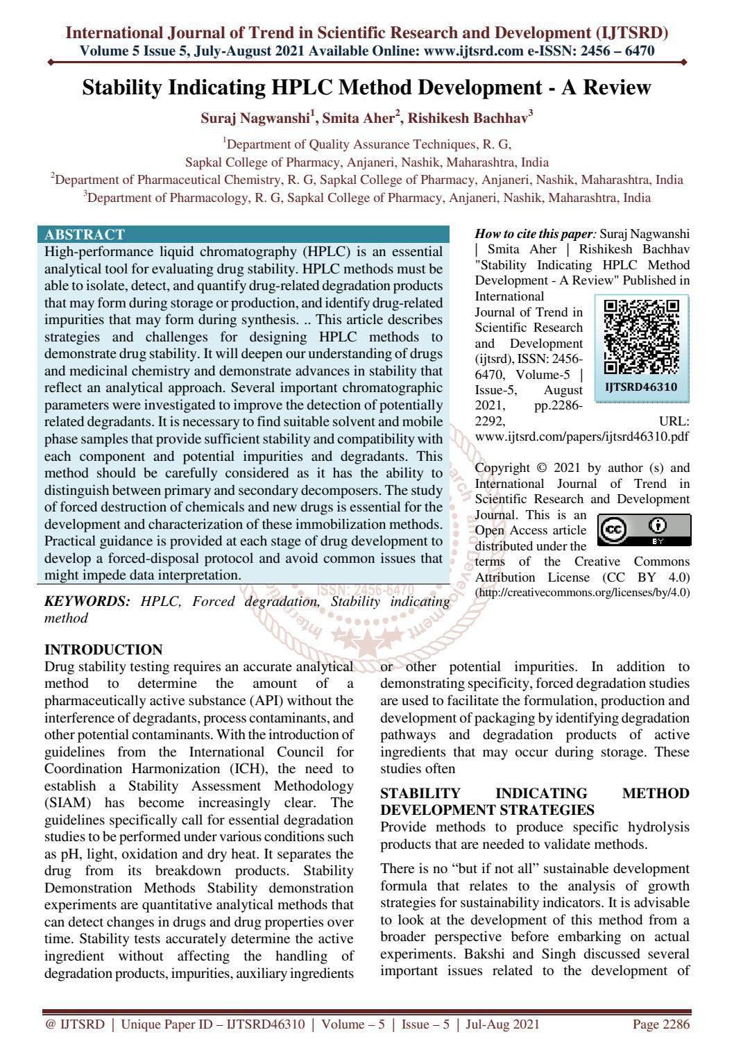 Stability Indicating HPLC Method Development A Review by International Journal of Trend in