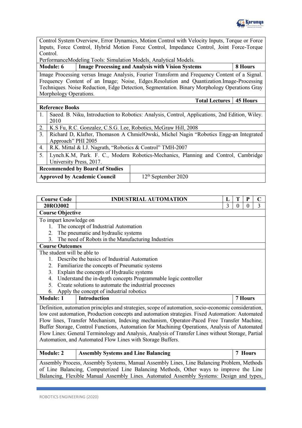 Robotics Syllabus Robotics CBCS Syllabus by Karunya Institute of Technology and Sciences ...