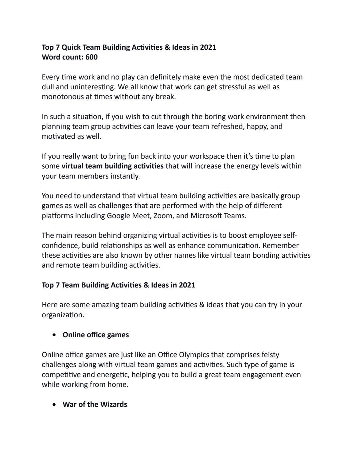 Top 7 Quick Team Building Activities & Ideas in 2021 by Raju Kumar - Issuu
