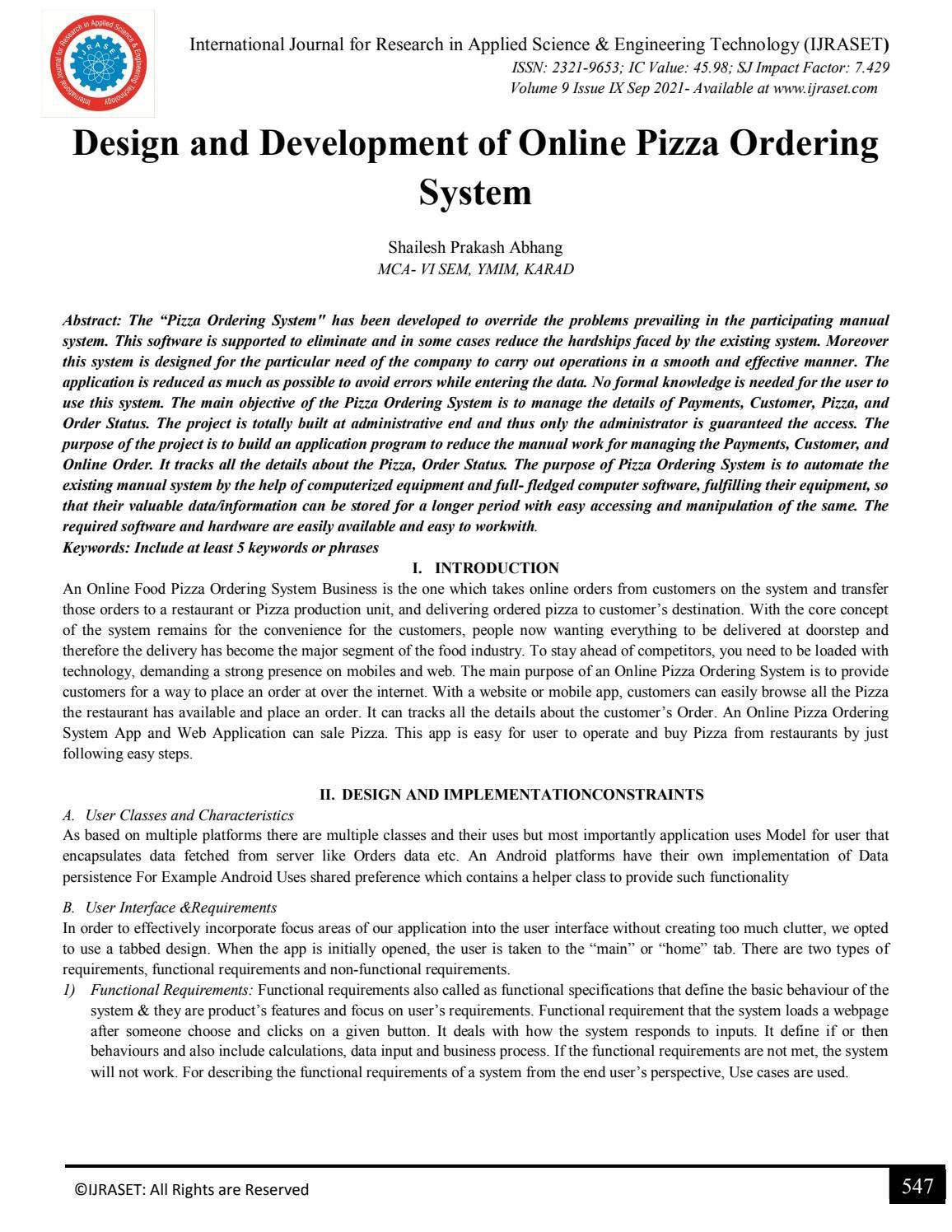 Design and Development of Online Pizza Ordering System by IJRASET - Issuu