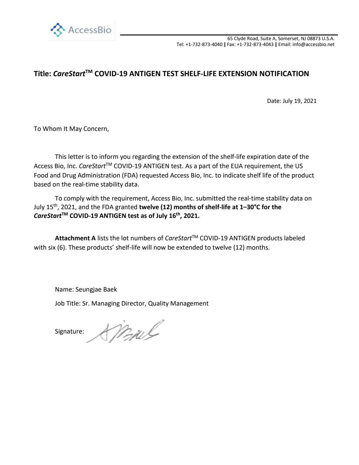 COVID19 CareStart Antigen Test ShelfLife Extension Notification by