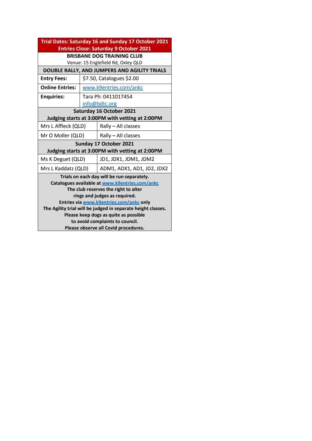 Brisbane Dog Training Saturday 16th and Sunday 17th October 2021 by