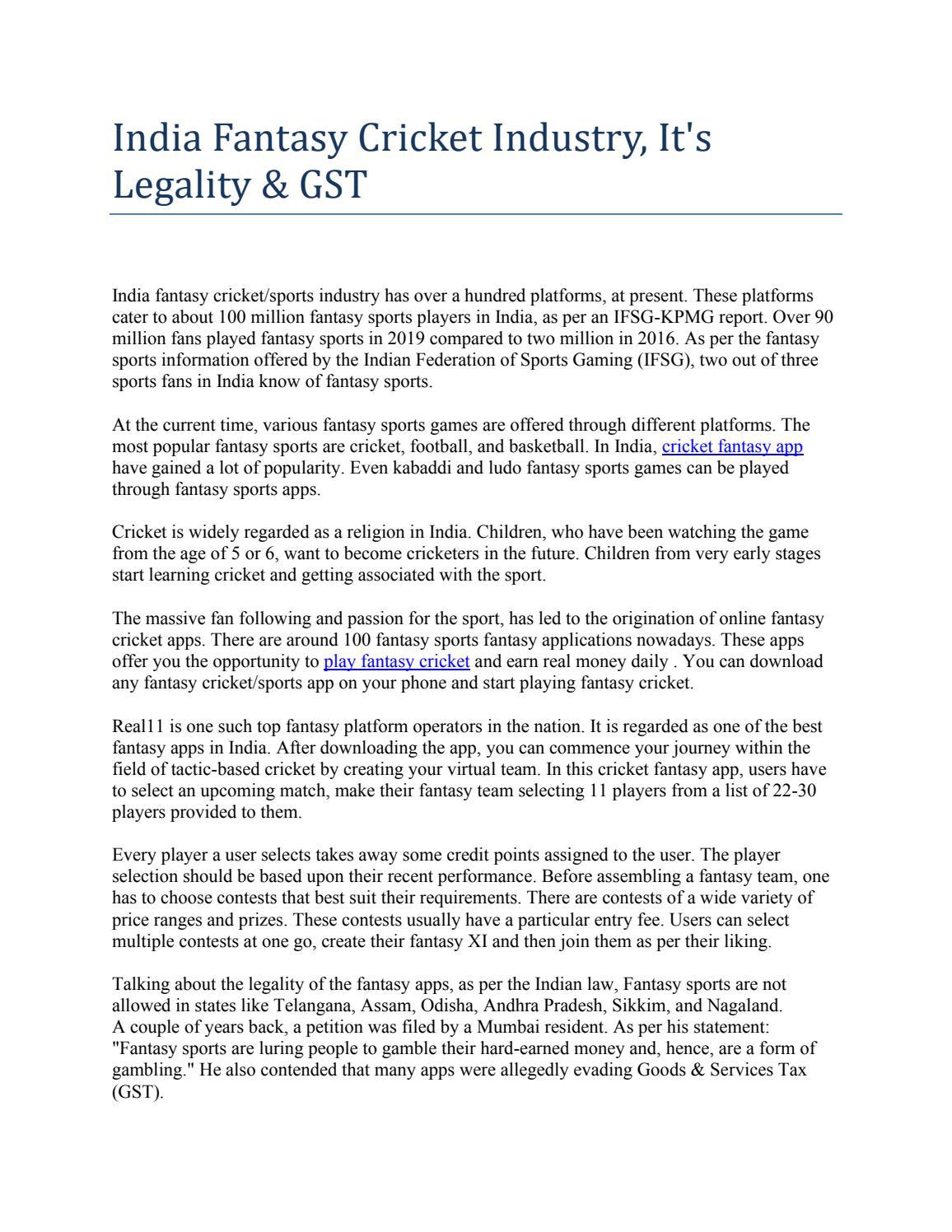 India Fantasy Cricket Industry, It's Legality & GST by real11league Issuu