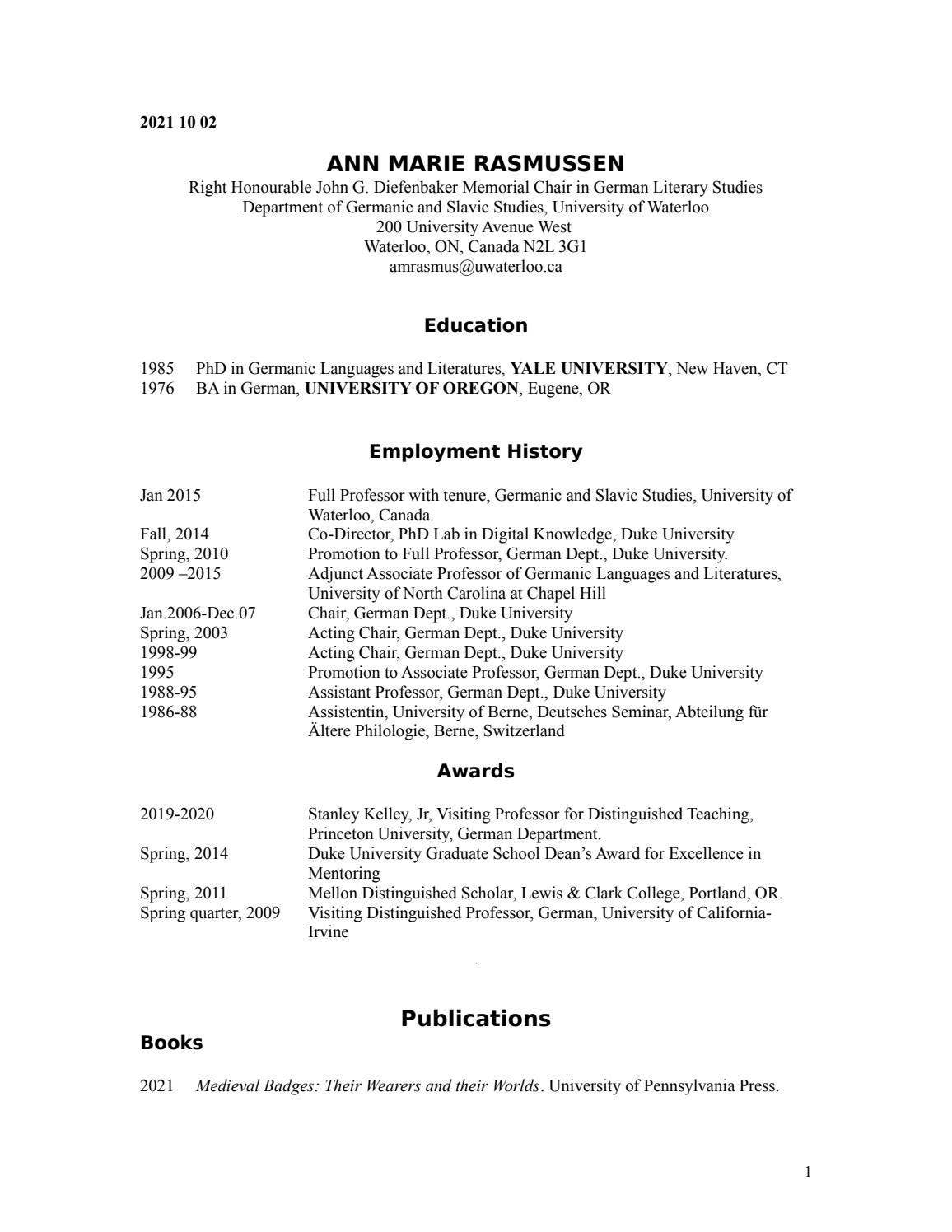 Ann Marie Rasmussen CV by Ann Marie Rasmussen - Issuu