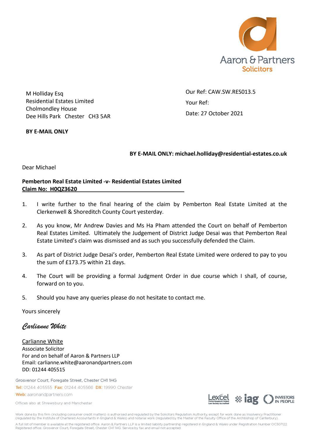 Pemberton Real Estate Limited v Residential Estates Limited Claim No
