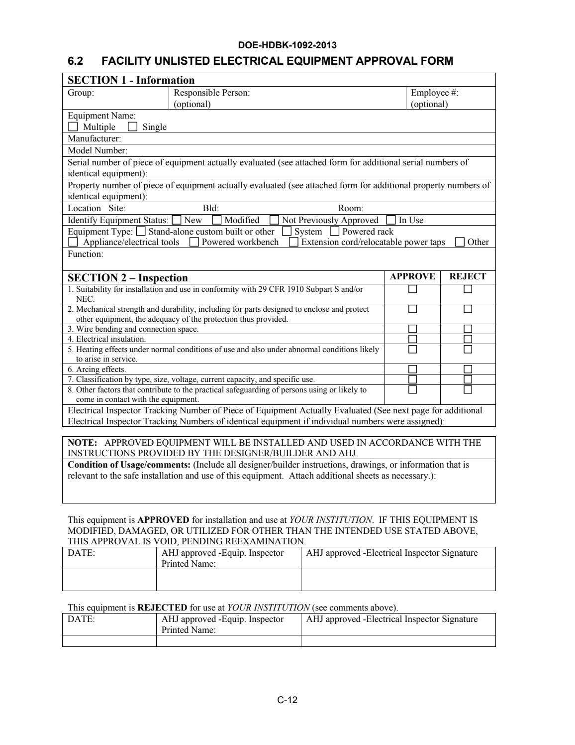 Usace Electrical Inspection Form United States Department of Energy Electrical Safety Handbook Current ...