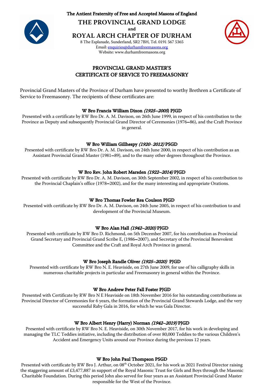 ProvGM - Certificates of Service Recipients by Durham Freemasons - Issuu
