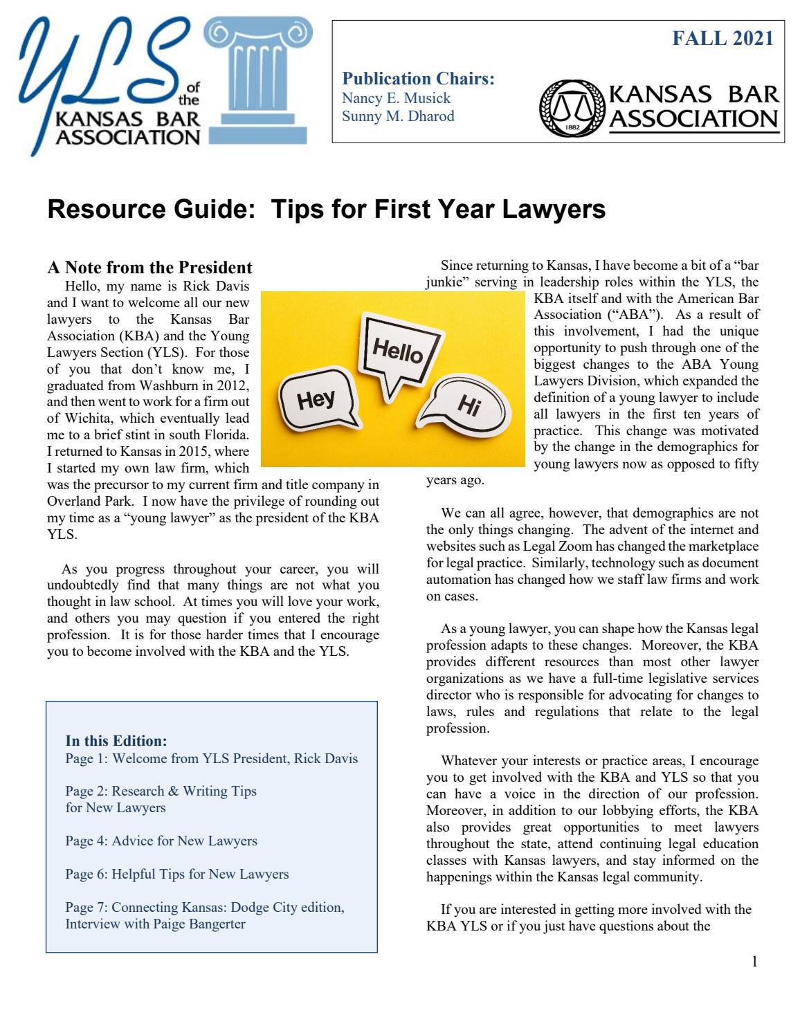 Fall 2021 YLS Resource Guide Tips for First Year Lawyers by Kansas Bar