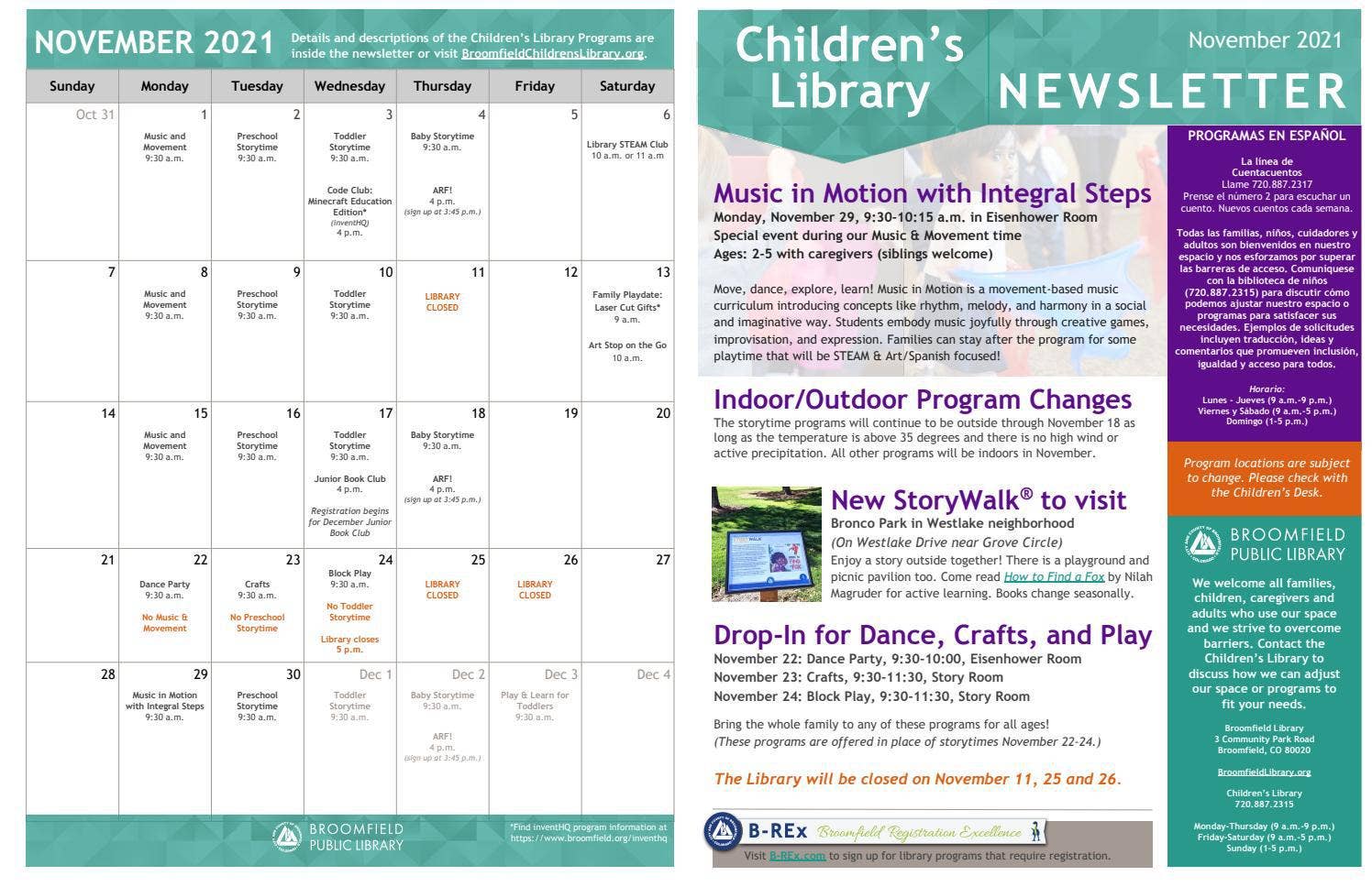 Broomfield Library Children's Newsletter November 2021 by City and
