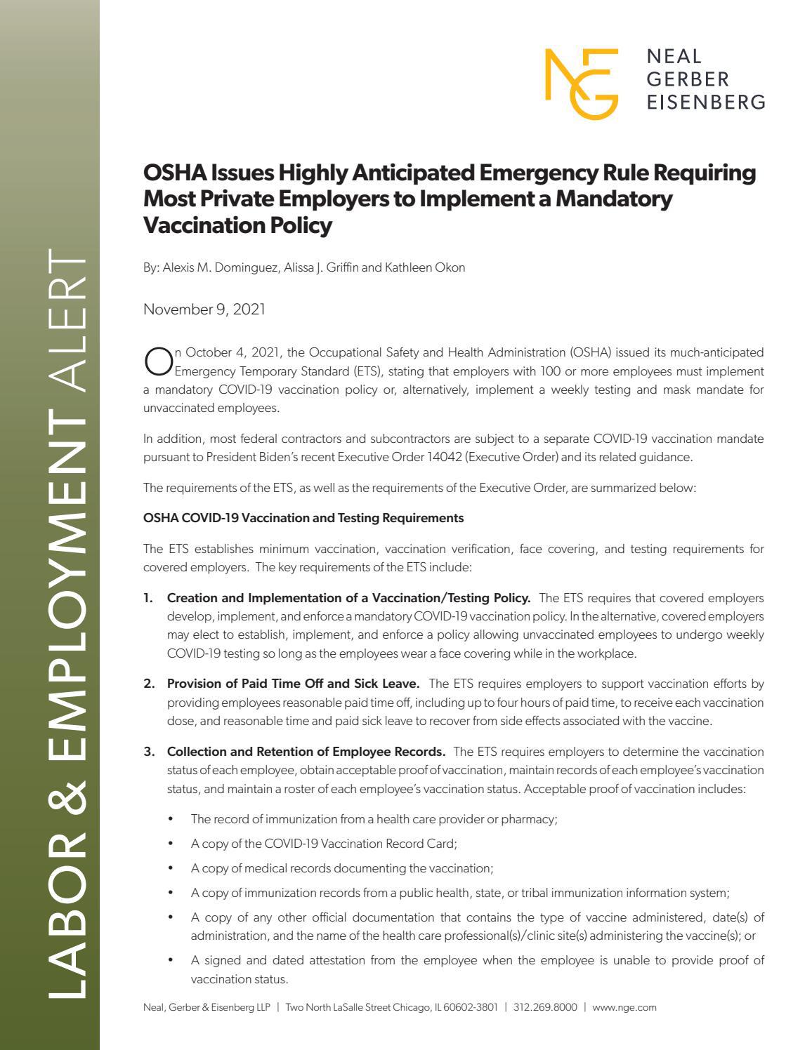 OSHA Issues Emergency Rule Requiring Private Employers to Implement a  Mandatory Vaccination Policy by Neal Gerber Eisenberg - Issuu