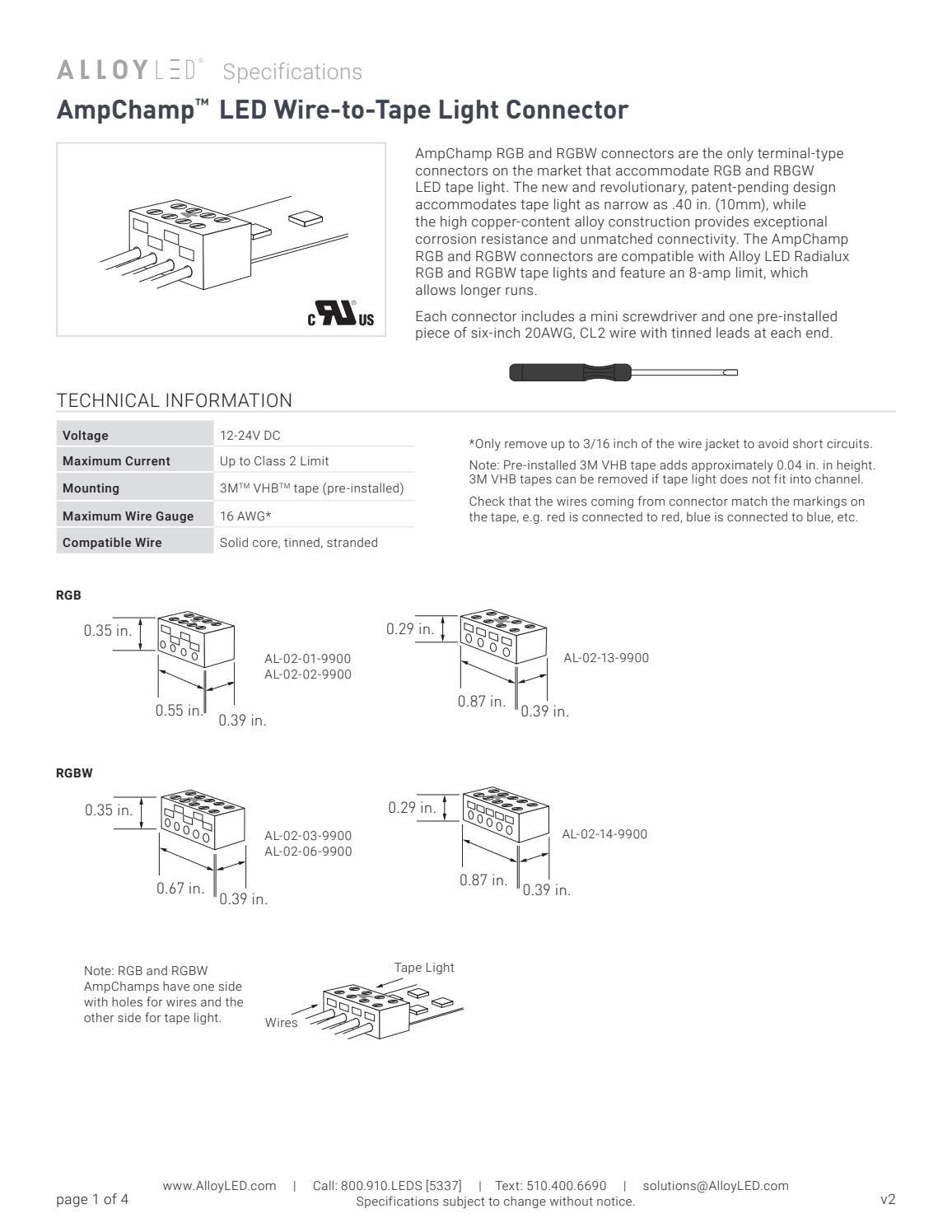 AmpChamp™ RGB/RGBW LED Wire-to-Tape Light Connector Specification Sheet ...
