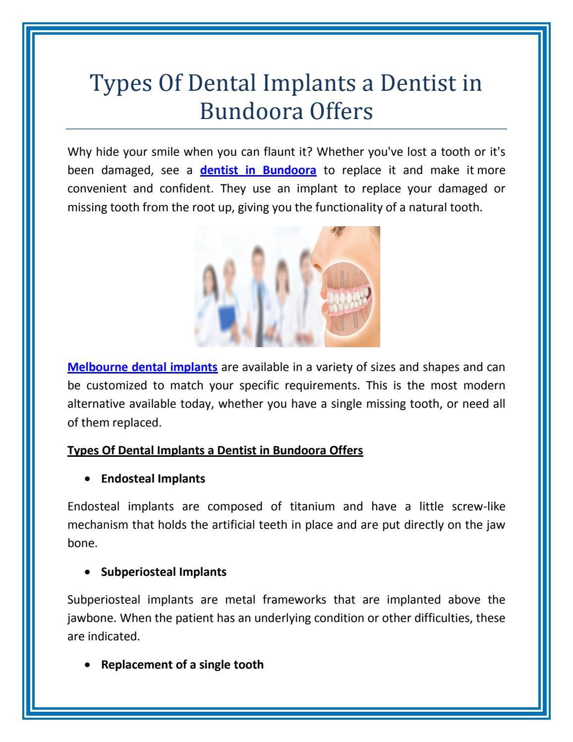 Types Of Dental Implants a Dentist in Bundoora Offers by Bundoora