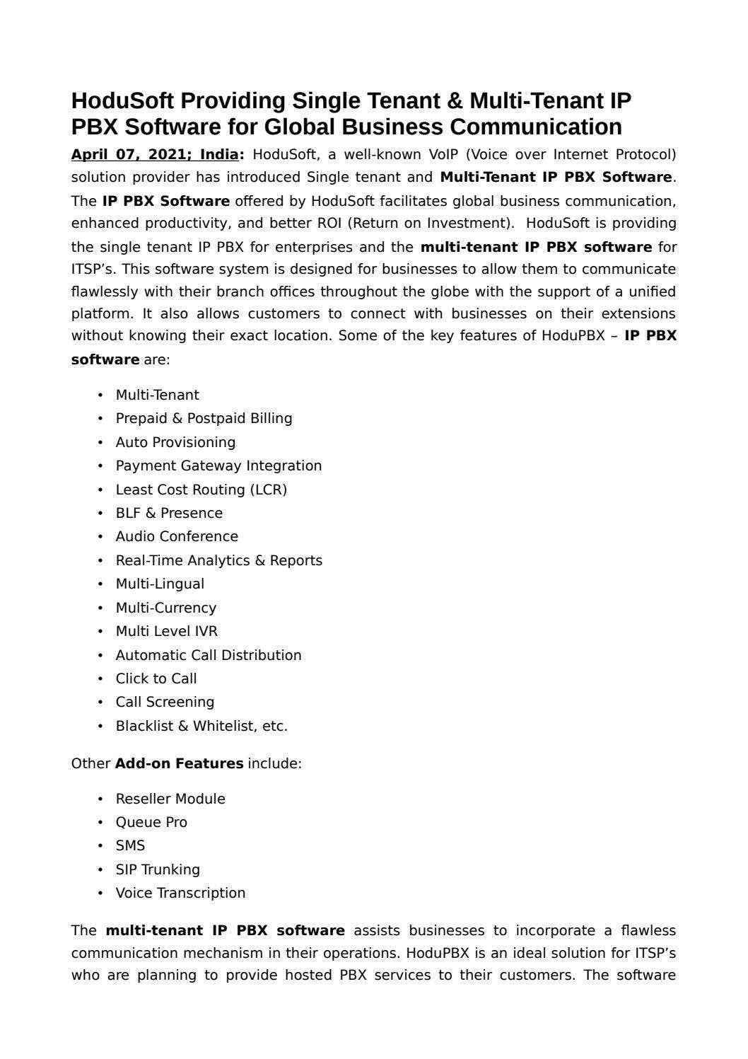 HoduSoft Providing Single Tenant & Multi-Tenant IP PBX Software for ...