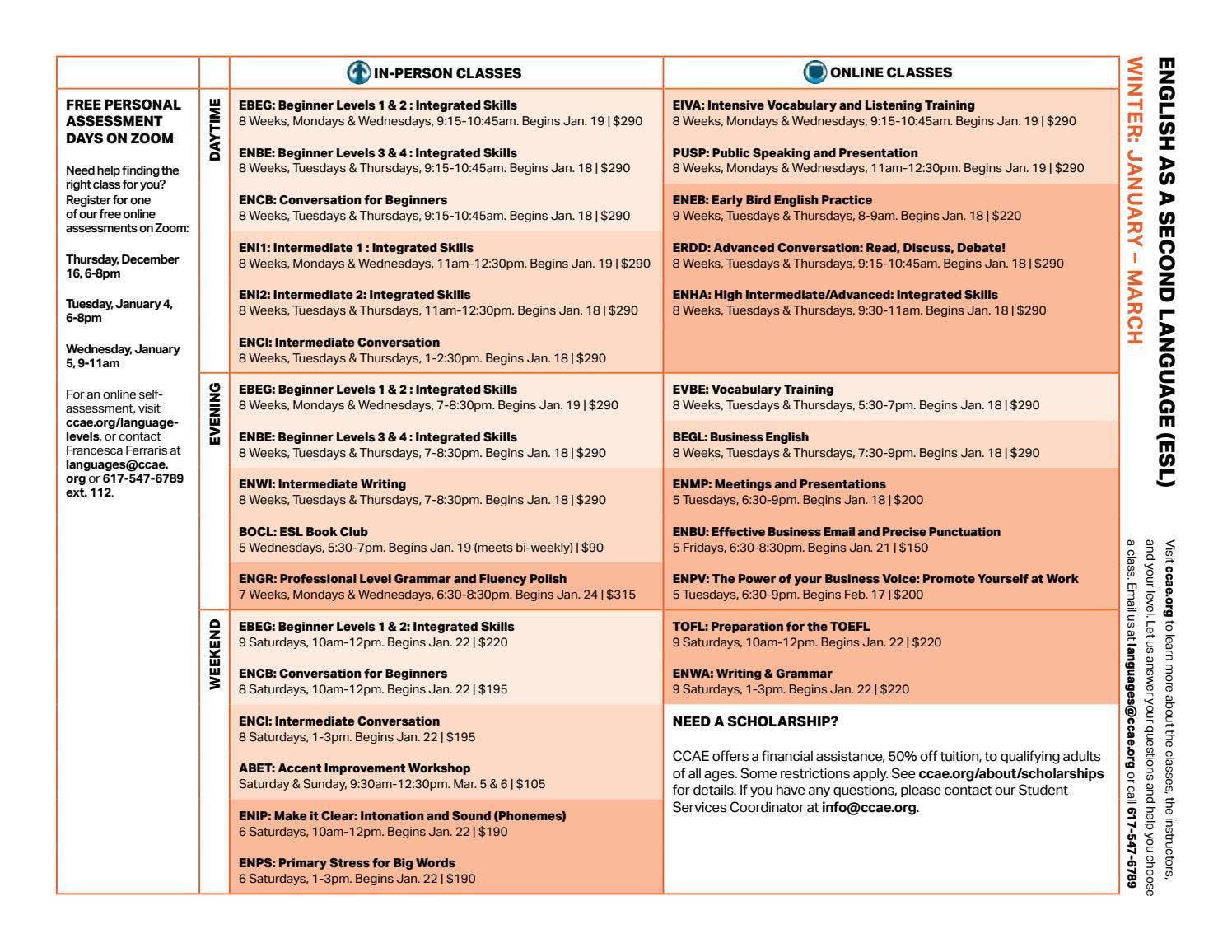 CCAE Winter 2022 ESL Class Schedule by Cambridge Center for Adult