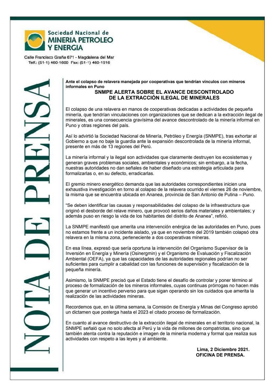 SNMPE: ALERTA SOBRE EL AVANCE DESCONTROLADO DE LA EXTRACCIÓN ILEGAL DE ...