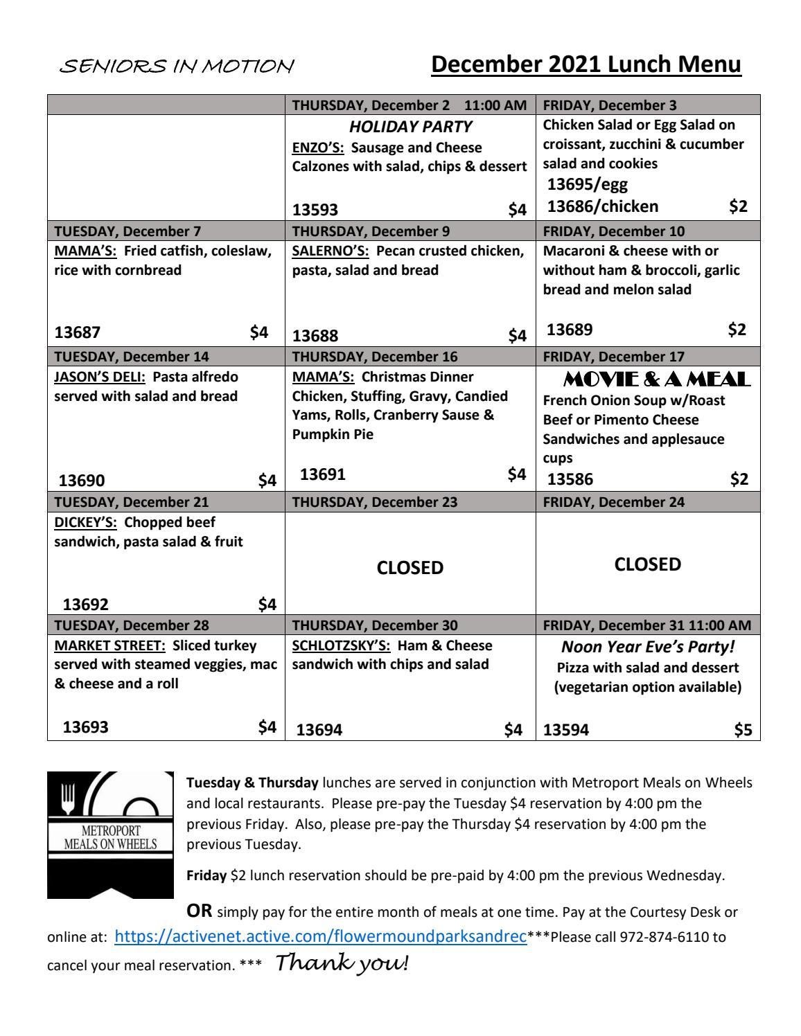 December Lunch Menu and Registration by Town of Flower Mound Issuu