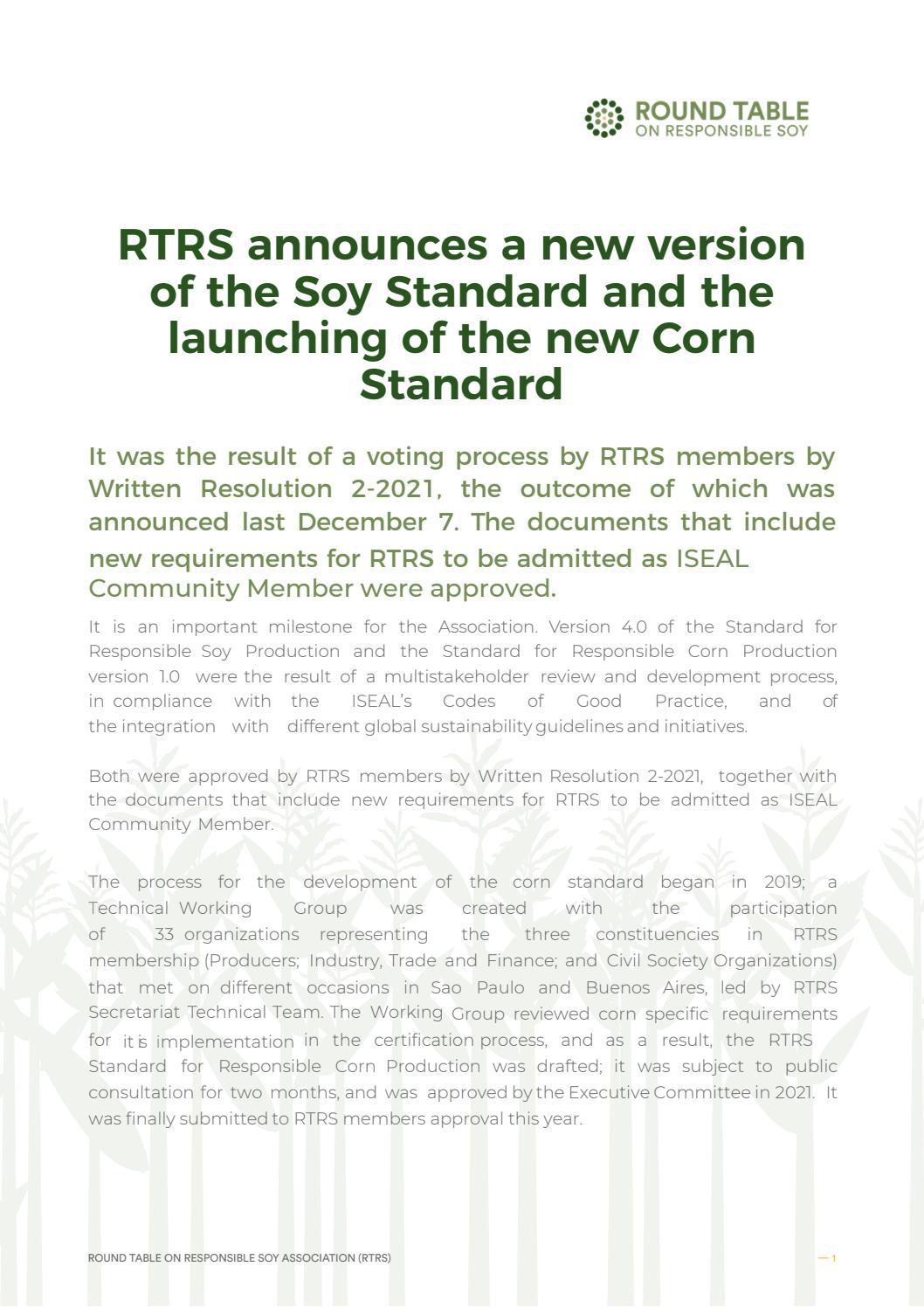 New version of the Soy Standard and the launching of the new Corn