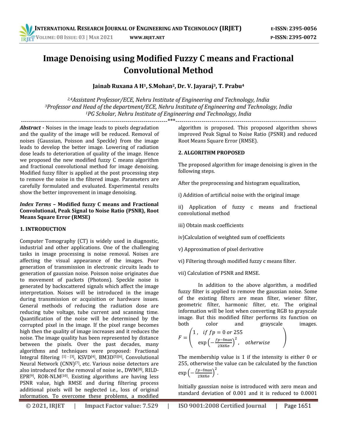 IRJET- Image Denoising using Modified Fuzzy C Means and Fractional ...