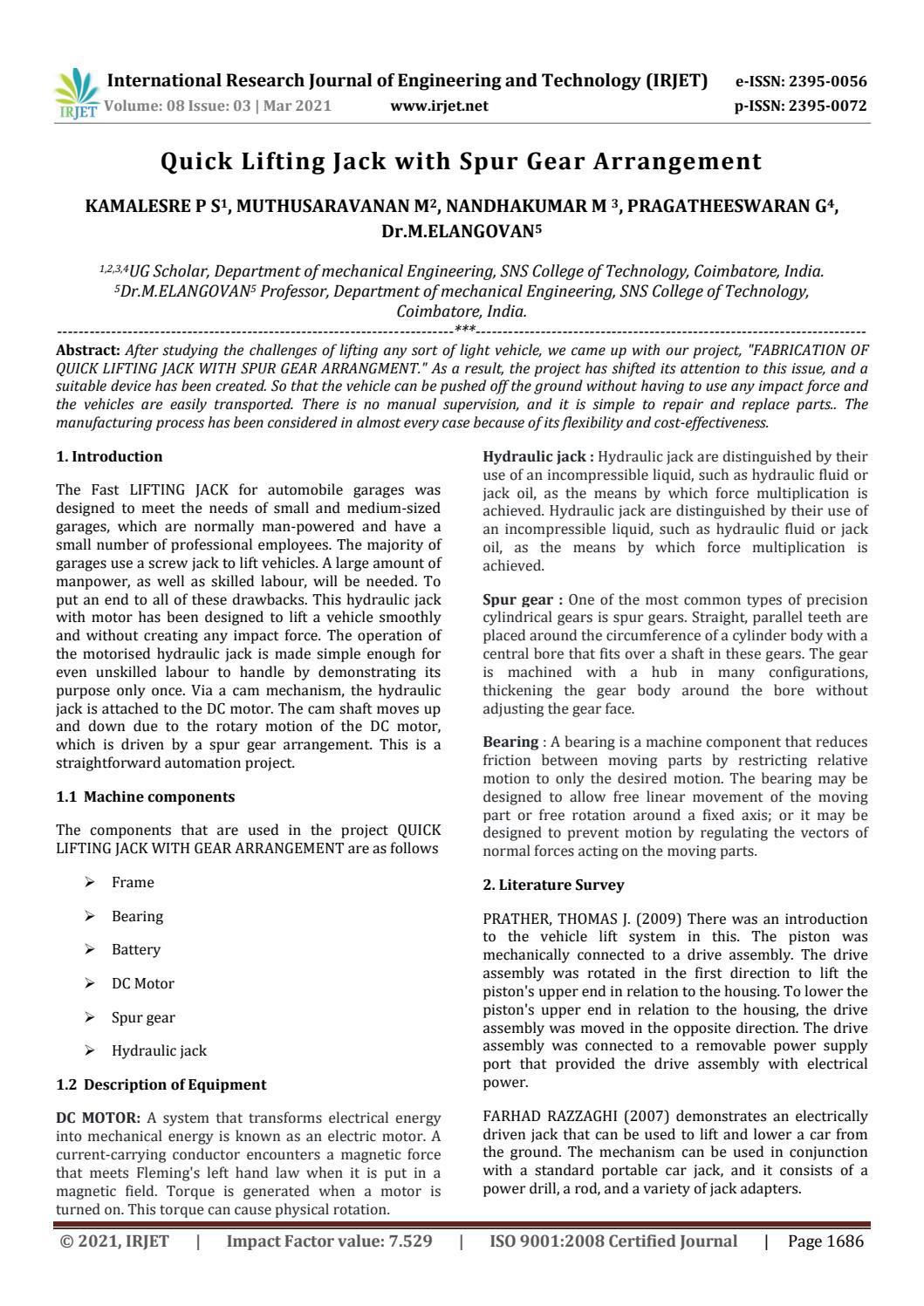 IRJET Quick Lifting Jack with Spur Gear Arrangement by IRJET Journal