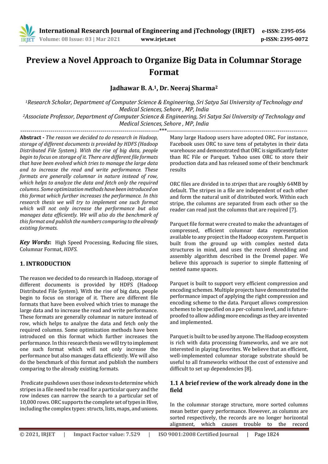 IRJET Preview a Novel Approach to Organize Big Data in Columnar