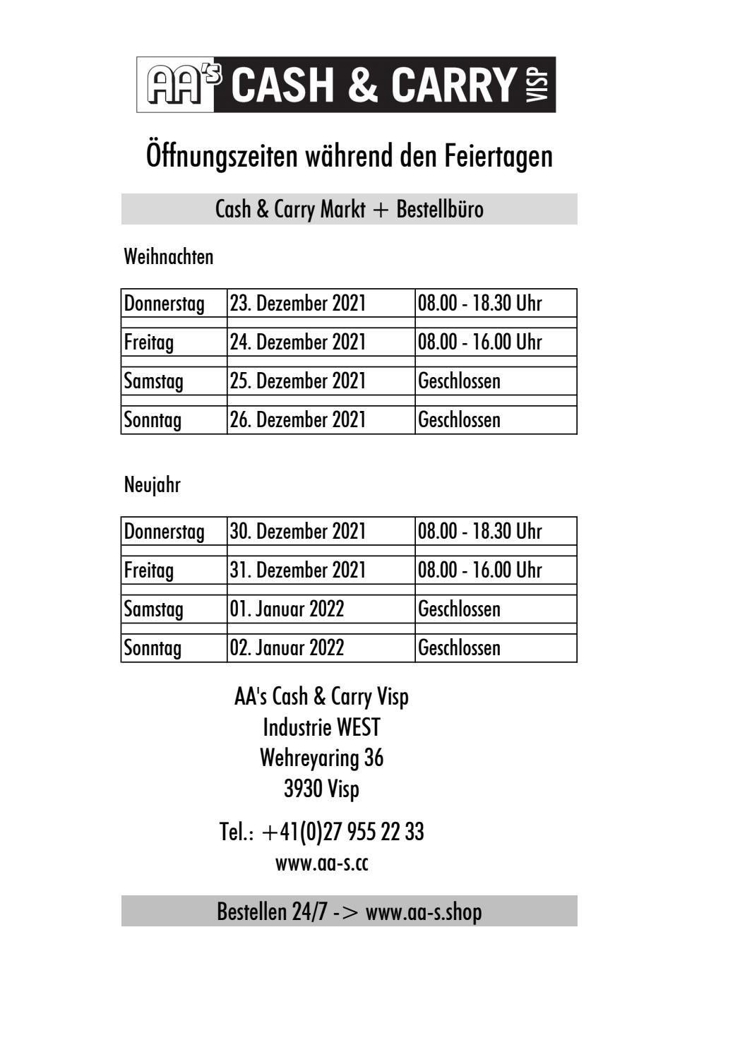 Öffnungszeiten über die Feiertage 2021 by AA's Cash & Carry Issuu