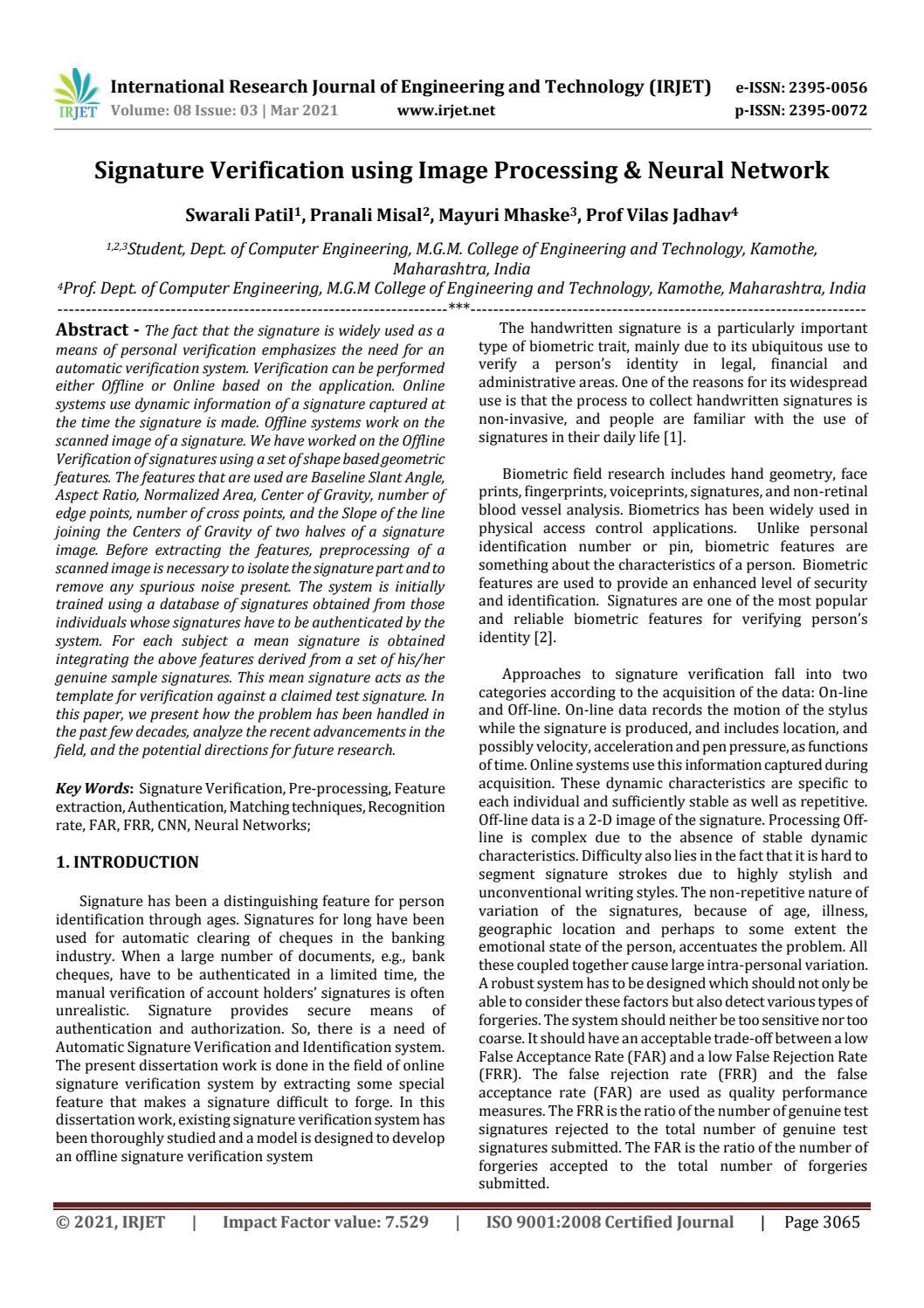 IRJET- Signature Verification using Image Processing & Neural Network ...